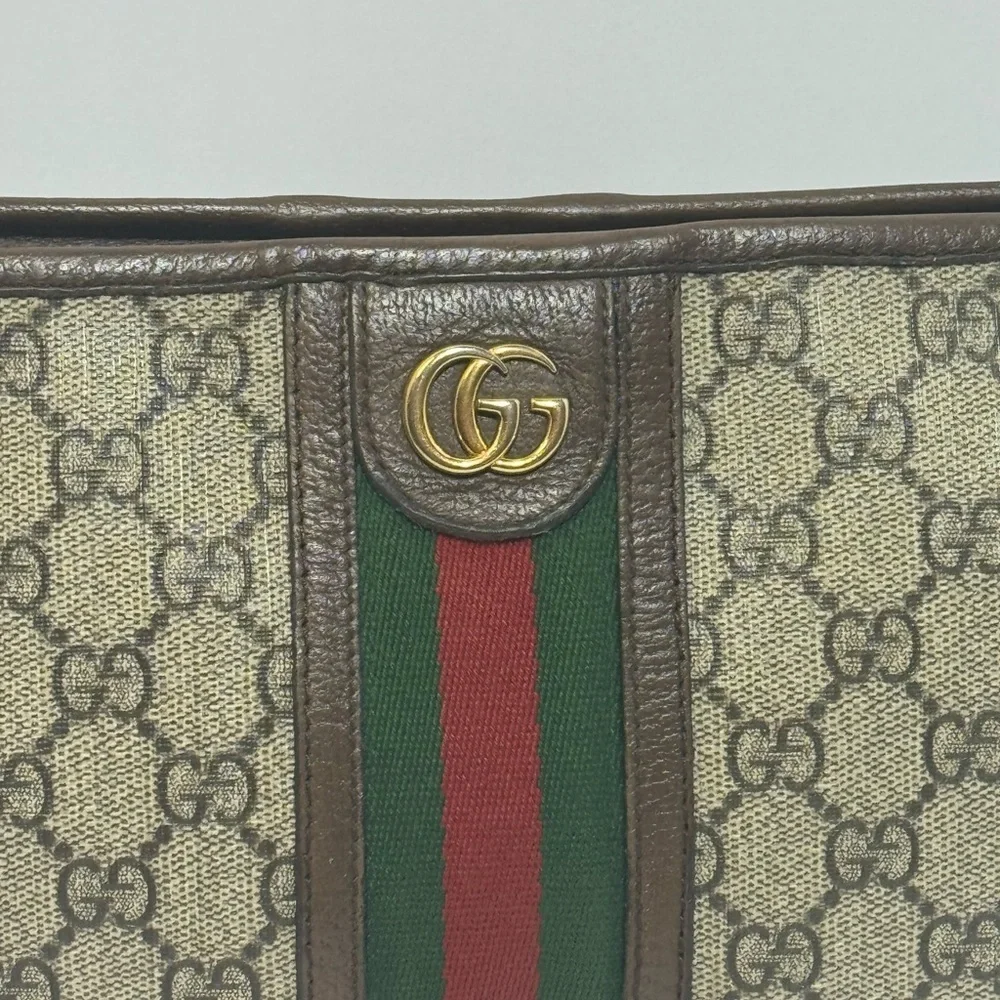 AUTHENTIC Gucci Beige Monogram Pouch/Clutch  with Green and Red Web
